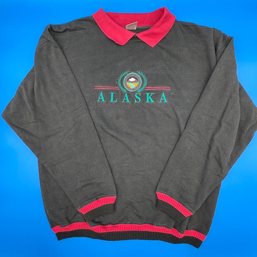 80s 90s Vintage Alaska Embroidered Collared Sweatshirt‎ Pullover Grandpa Mens L